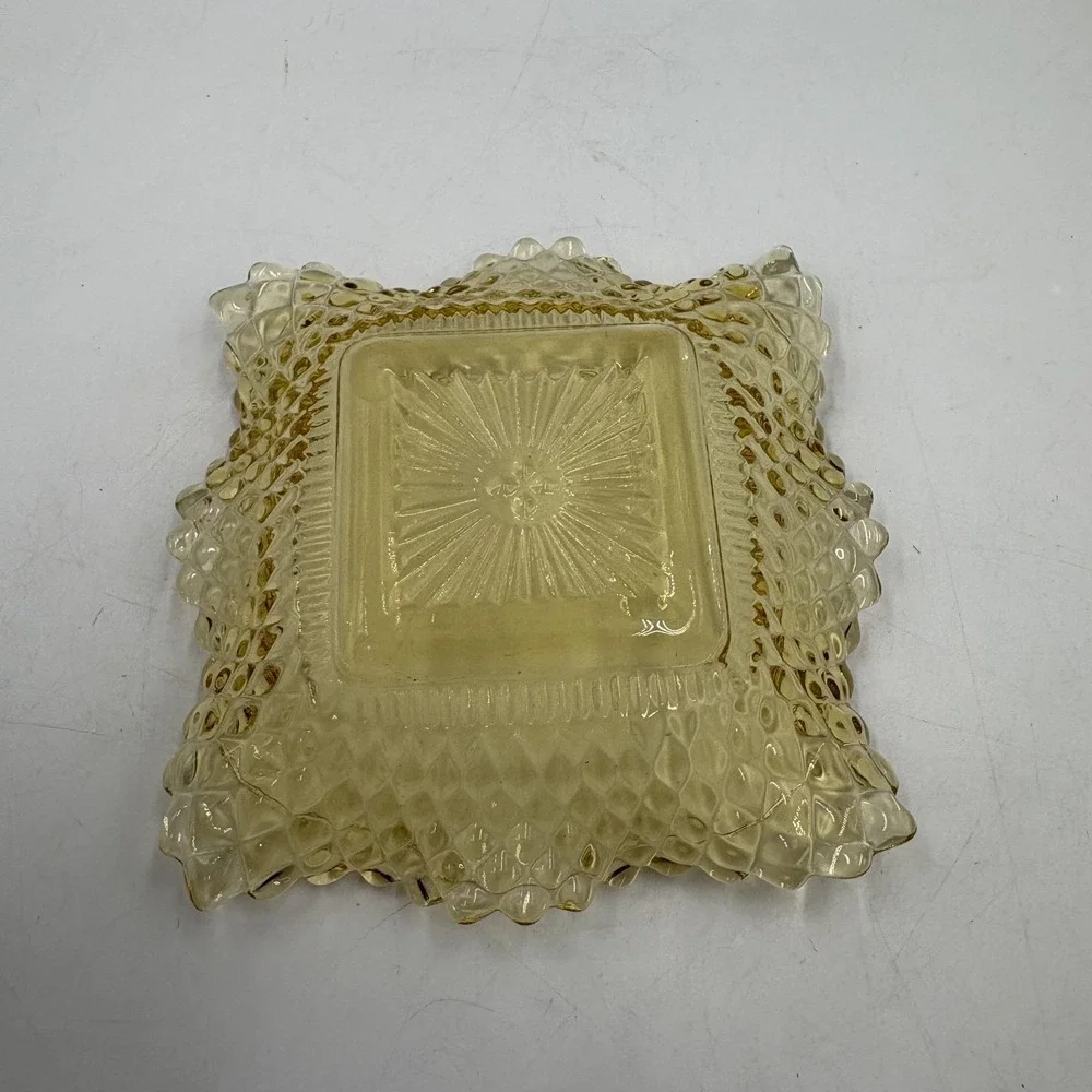MCM Federal Glass‎ Amber Square Shape Diamond Point Ruffled Candy/Trinket Dish